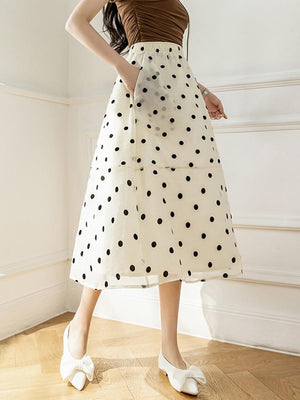 Summer Bohemian Style Elastc Wasit A-line Dot Skirt With Pockets Elegant Women Mid-calf Mesh Skirts