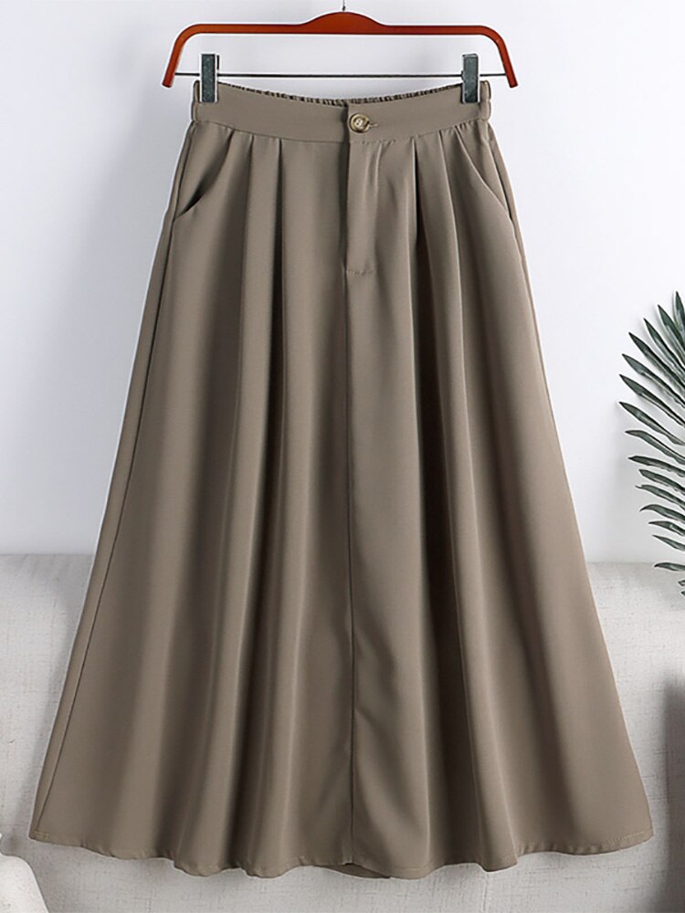 Summer Solid Casual A Line Skirt With Side Pocket Women Office Lady Elegant High Waist Midi Skirt