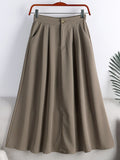 Summer Solid Casual A Line Skirt With Side Pocket Women Office Lady Elegant High Waist Midi Skirt