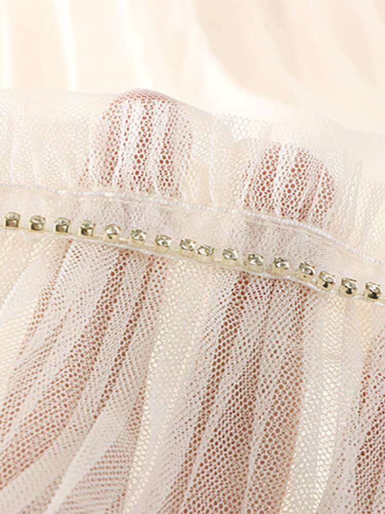Elegant Frill Trim Mesh Patchwork Pleated Midi Long Elastic High Waist Asymmetric Tulle Skirt