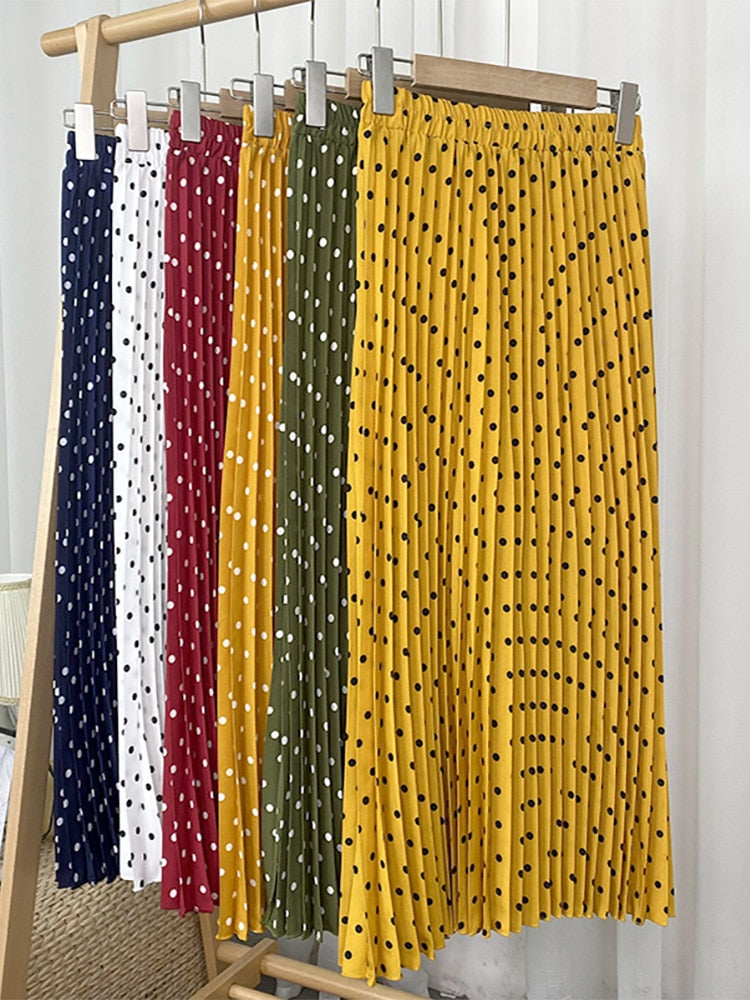 Elegant Vintage Pleated Women Elastic High Waist Casual Polka Dot Midi Skirt