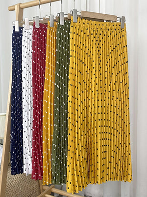 Elegant Vintage Pleated Women Elastic High Waist Casual Polka Dot Midi Skirt