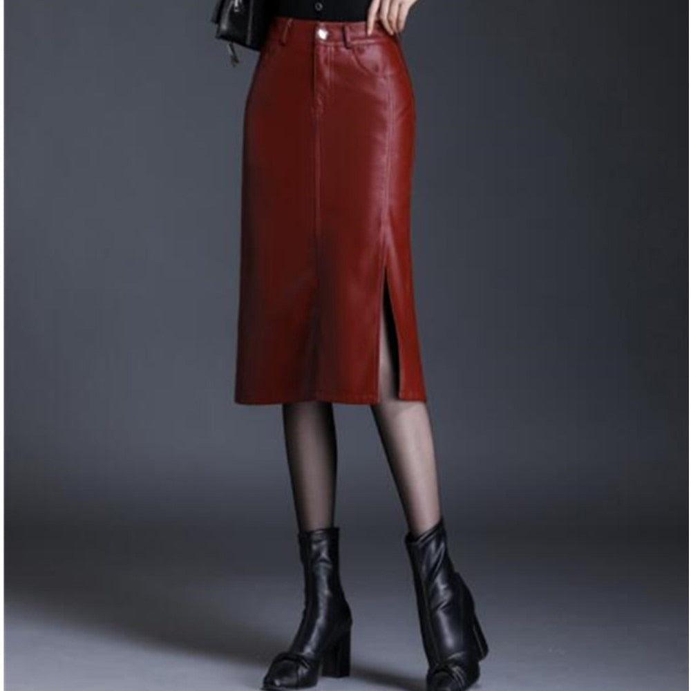 Office Midi Women Leather Maxi Skirt Ladies High Waist Pocket Autumn Red Black Formal Skirt