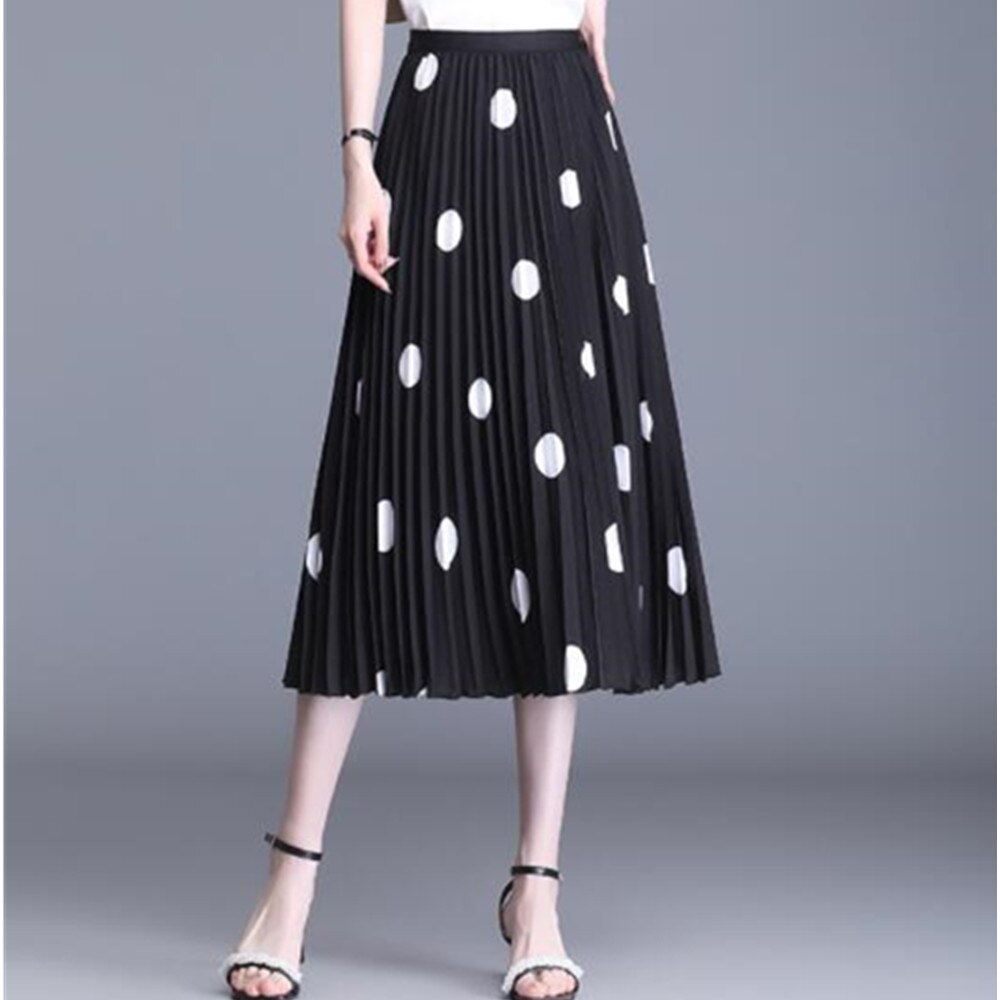 Polka Dot Print Long Maxi Summer Women White Black High Waist Pleated Long A Line Skirts