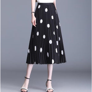 Polka Dot Print Long Maxi Summer Women White Black High Waist Pleated Long A Line Skirts