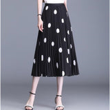 Polka Dot Print Long Maxi Summer Women White Black High Waist Pleated Long A Line Skirts