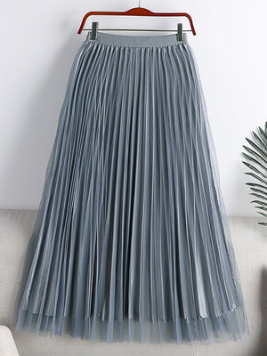 Fashion Satin Effect Lining Tulle Reversible Elegant Pleated Skirt Women High Waist Midi Skirt