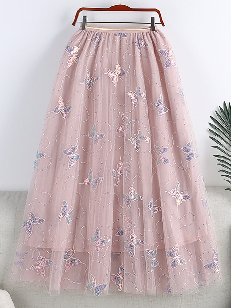 Butterfly Embroidery Sequined Sweet Tulle Skirt Elastic High Waist A Line Mesh Midi Skirt