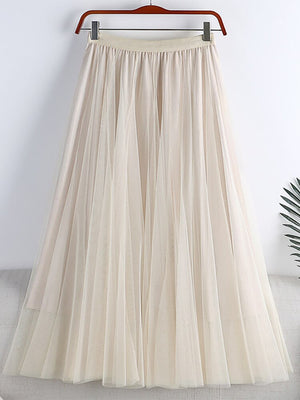 Mid Calf Long Women Metallic Shimmer Tulle Skirt Elastic High Waist Elegant A Line Midi Skirt