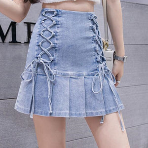 Mermaid Denim Pleated Mini Solid Casual Woman Korean Style High Waist Skirt with Lined