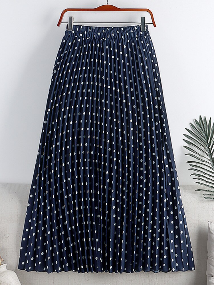 Elegant Vintage Pleated Women Elastic High Waist Casual Polka Dot Midi Skirt