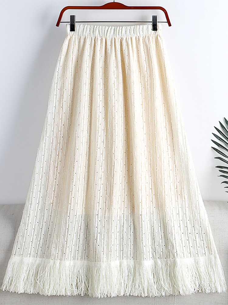 Spring Women Glitter Openwork Embroidery Skirt Elastic High Waist Fringe Hem A Line Midi Skirt