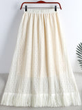 Spring Women Glitter Openwork Embroidery Skirt Elastic High Waist Fringe Hem A Line Midi Skirt