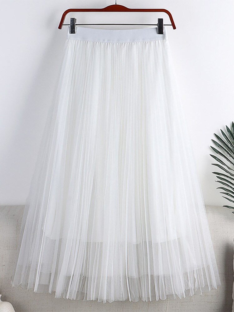 Summer Women Solid Casual Tulle Elastic High Waist Elegant Mesh Pleated Skirt