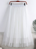 Summer Women Solid Casual Tulle Elastic High Waist Elegant Mesh Pleated Skirt