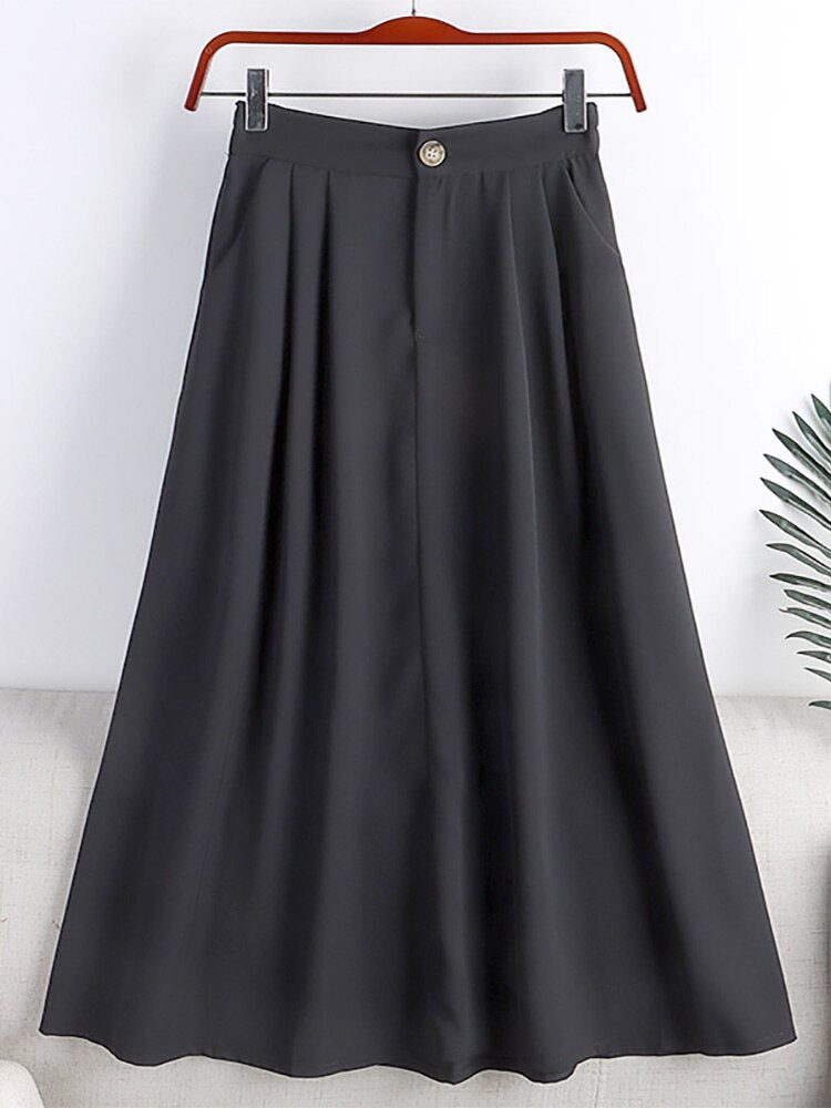 Summer Solid Casual A Line Skirt With Side Pocket Women Office Lady Elegant High Waist Midi Skirt