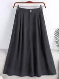 Summer Solid Casual A Line Skirt With Side Pocket Women Office Lady Elegant High Waist Midi Skirt