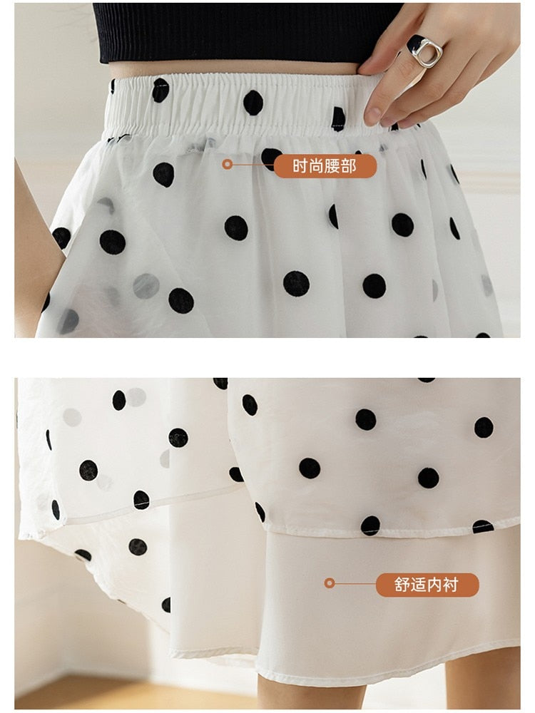 Summer Bohemian Style Elastc Wasit A-line Dot Skirt With Pockets Elegant Women Mid-calf Mesh Skirts