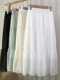 Fashion Faux Pearl Rhinestone Beaded Tiered Midi Skirt Elastic High Waist Solid Casual A Line Skirt