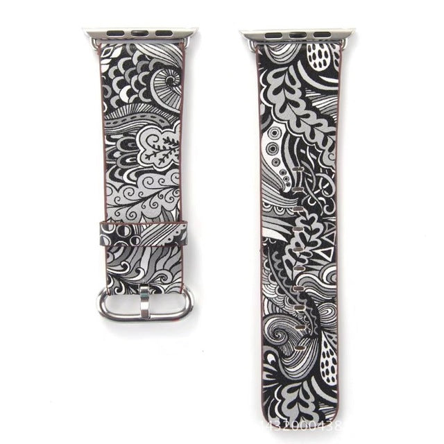 Apple Watch Band Elegant Floral Printed Leather Loop Watchband