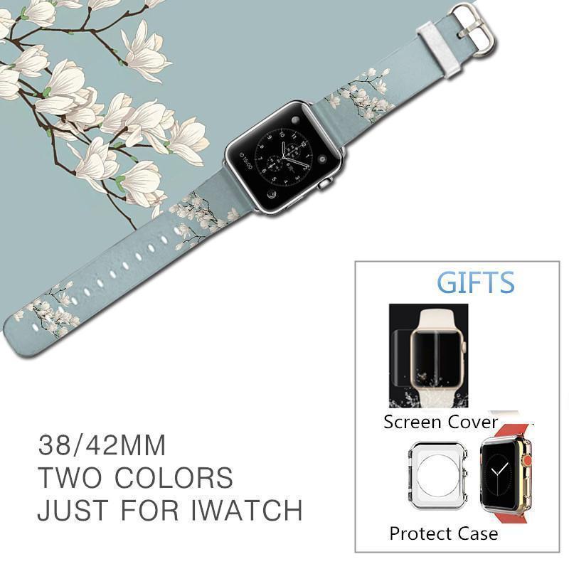 Accessories Apple Watch Series 5 4 3 2 Band, Flower Blue strap, Original Magnolia Bracelet Fashion Genuine Cow Leather Watchband 38mm, 40mm, 42mm, 44mm