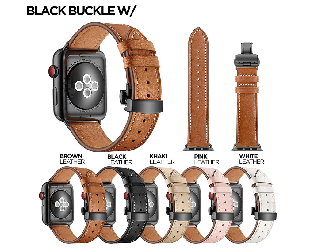 accessories Apple Watch Series 5 4 3 2 Band, Genuine Leather, Rose Gold Connectors & Buckle, fits Nike, hermes 38mm, 40mm, 42mm, 44mm - US Fast Shipping