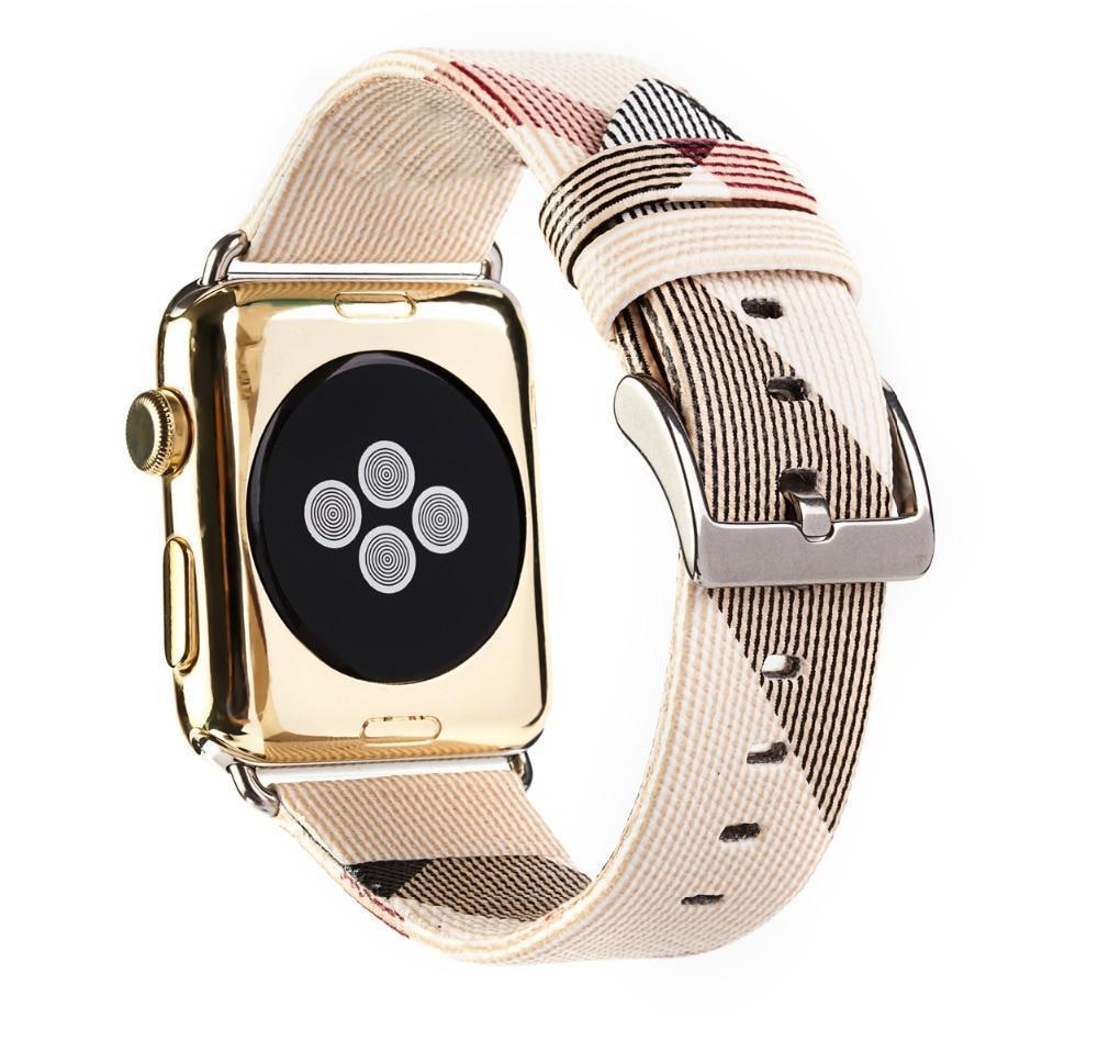 Apple Apple Watch band plaid checkered leather with Silver Metal Connector, Replacement strap for iWatch 38mm, 40mm, 42mm, 44 mm, series 4 3 2 1