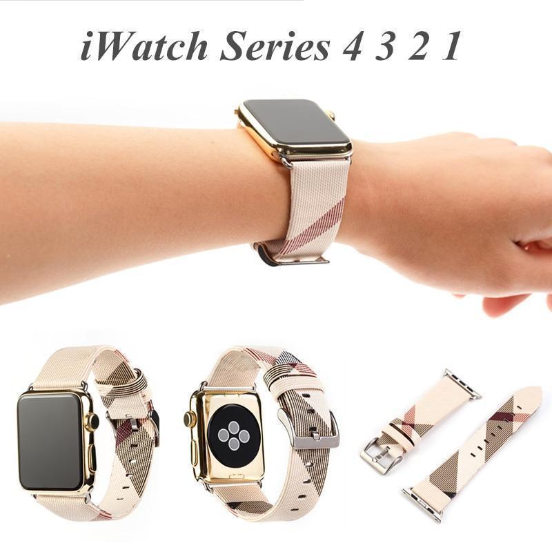 Apple Apple Watch band plaid checkered leather with Silver Metal Connector, Replacement strap for iWatch 38mm, 40mm, 42mm, 44 mm, series 4 3 2 1