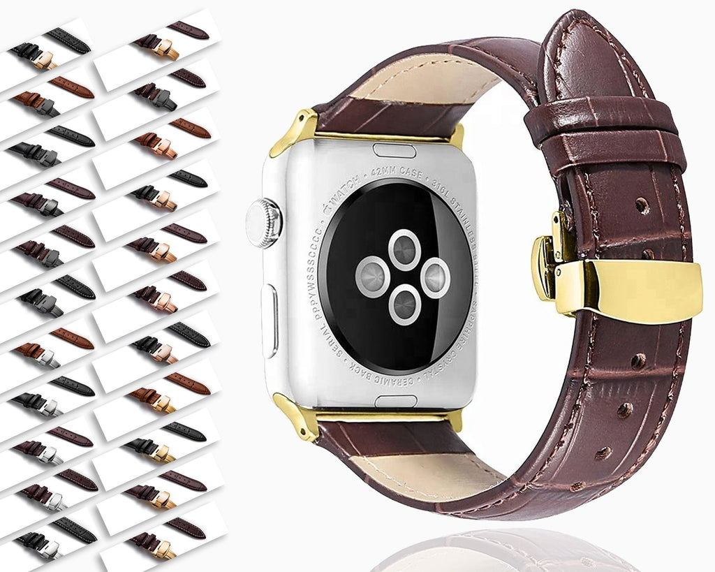 Apple Apple Watch Series 5 4 3 2 Band, Crocodile Grain cow Leather Butterfly Buckle Bands iWatch 38mm, 40mm, 42mm, 44mm -  US Fast Shipping