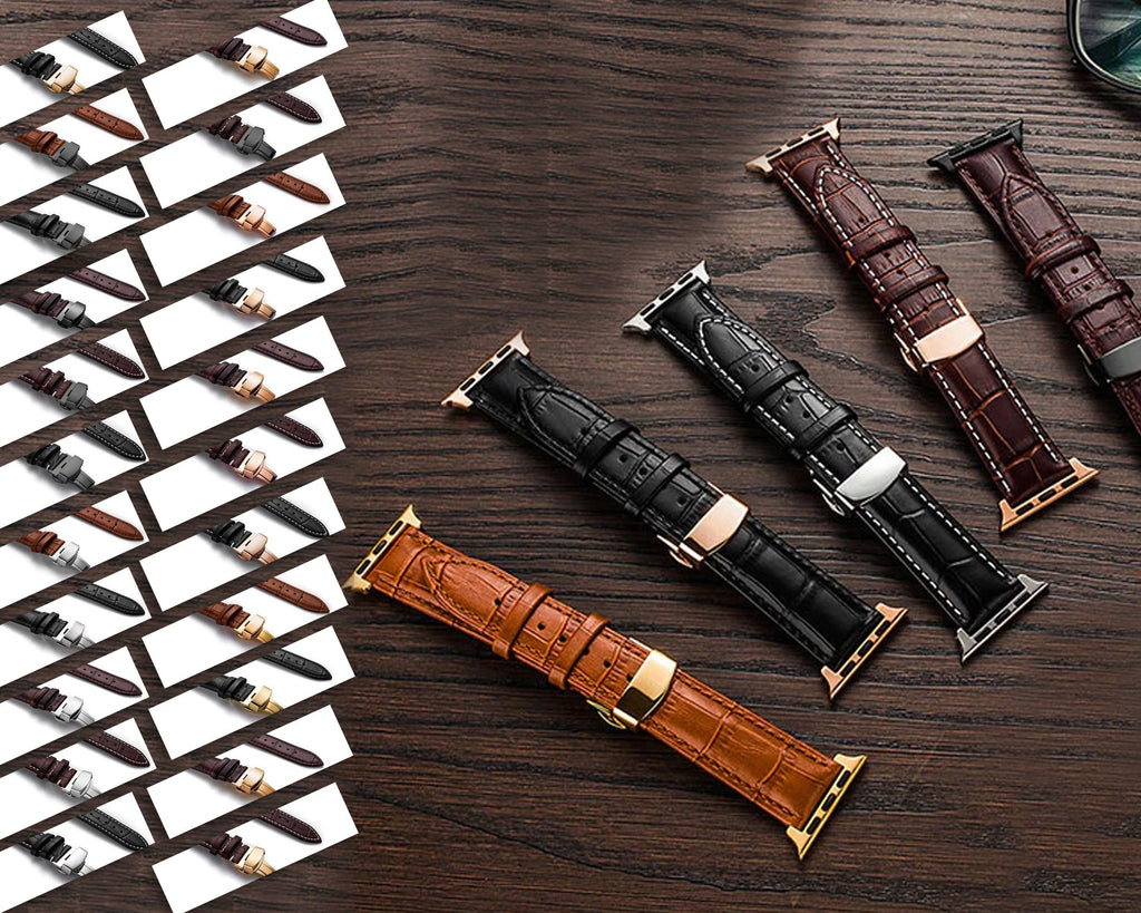 Apple Apple Watch Series 5 4 3 2 Band, Crocodile Grain cow Leather Butterfly Buckle Bands iWatch 38mm, 40mm, 42mm, 44mm -  US Fast Shipping