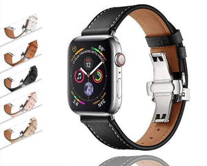 Apple Apple Watch Series 5 4 3 2 Band, Leather Strap Butterfly Clasp watchband Bracelet and Pin Buckle 38mm, 40mm, 42mm, 44mm US Fast Shipping