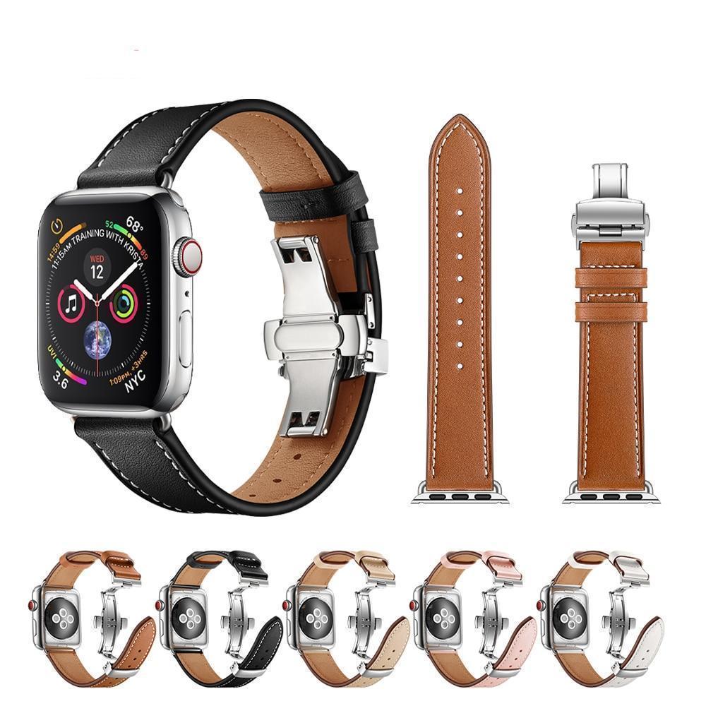 Apple Apple Watch Series 5 4 3 2 Band, Leather Strap Butterfly Clasp watchband Bracelet and Pin Buckle 38mm, 40mm, 42mm, 44mm US Fast Shipping