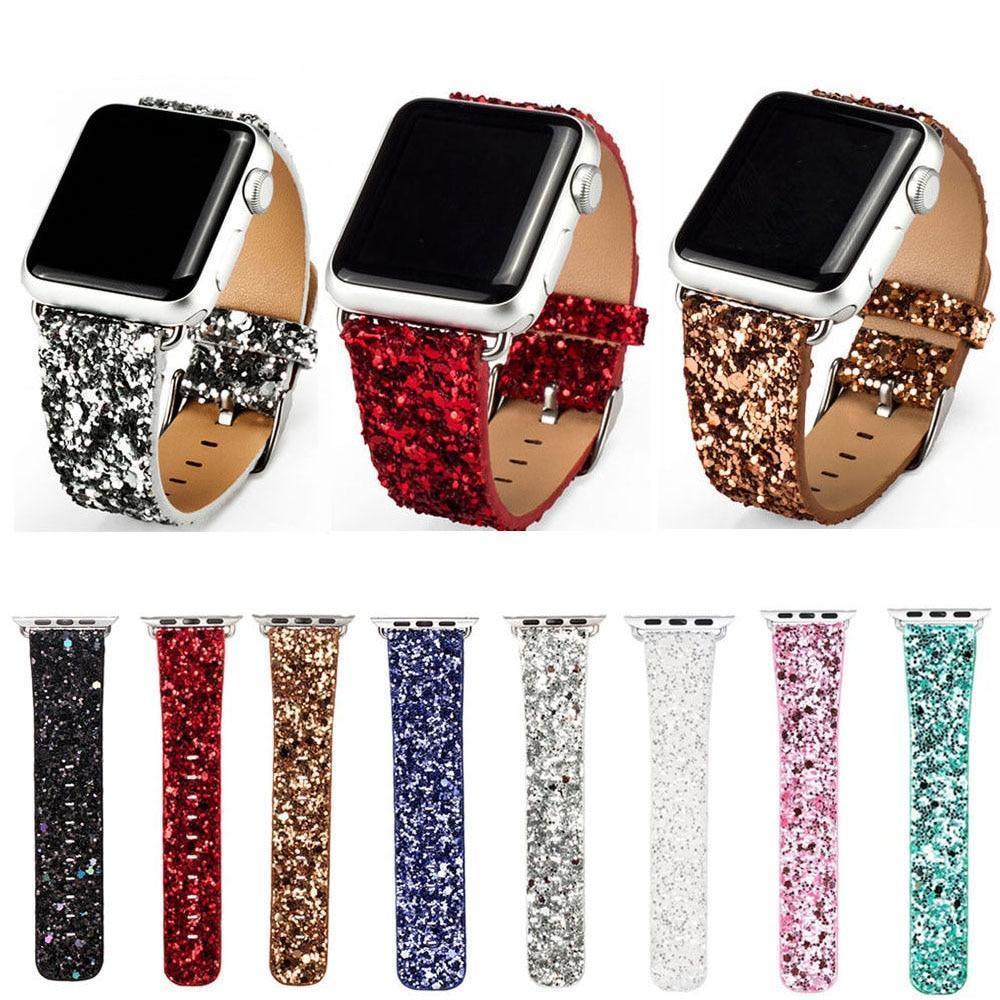 Apple Apple Watch Series 5 4 3 2 Band, Luxury Apple Watch Sparkle Glitter Bling Leather Band 38mm, 40mm, 42mm, 44mm - US Fast Shipping