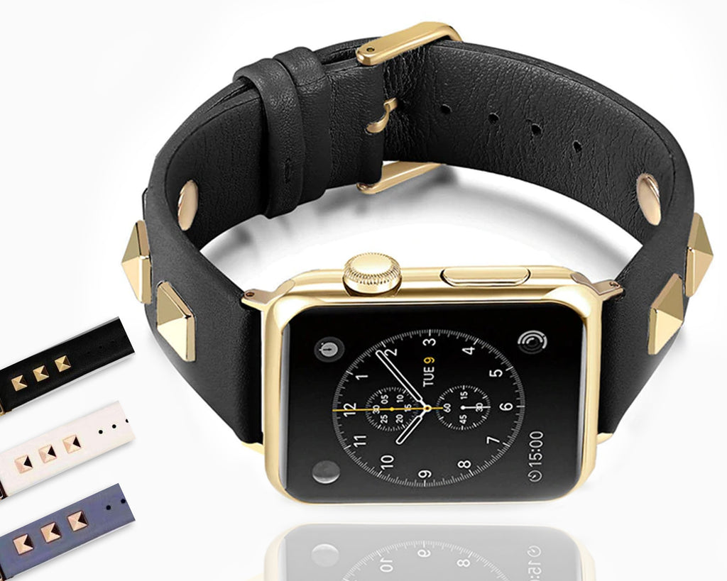 Apple Apple Watch Series 5 4 3 2 Band, Punk gold Studded Leather Rivets Design, fits iWatch, 38mm, 40mm, 42mm, 44mm