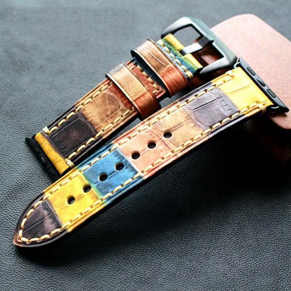 Apple Apple Watch Series 5 4 3 2 Band, Tree Cream Leather Strap, Retro Stitching for iWatch 42mm, 44mm