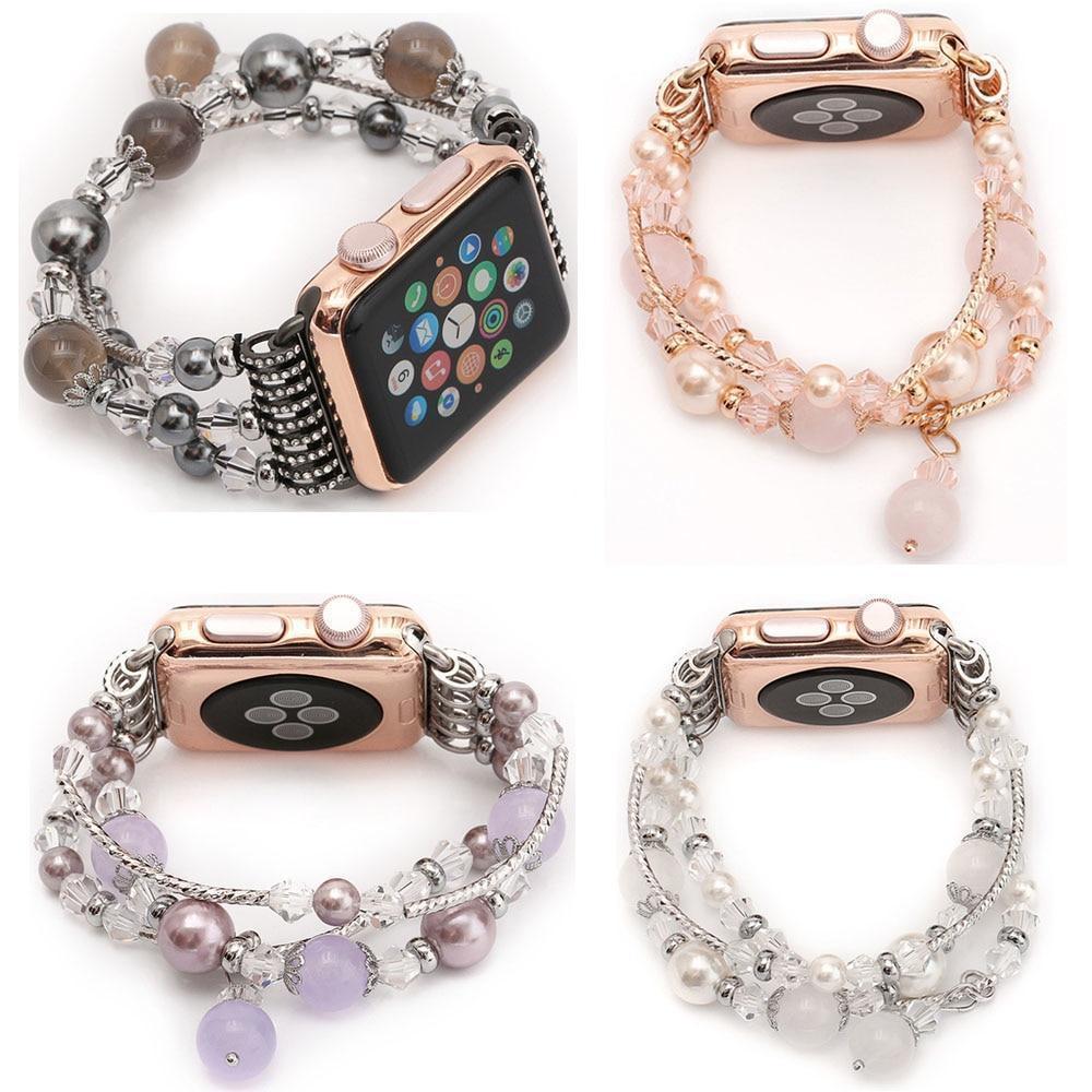 Apple Apple Watch Series 5 4 3  Band, Agate Beads Pearl Bracelet stretch Strap, iWatch Women Watchband Adapters 38mm, 40mm, 42mm, 44mm