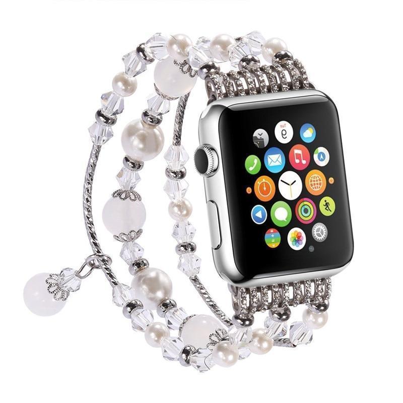 Apple Apple Watch Series 5 4 3  Band, Agate Beads Pearl Bracelet stretch Strap, iWatch Women Watchband Adapters 38mm, 40mm, 42mm, 44mm