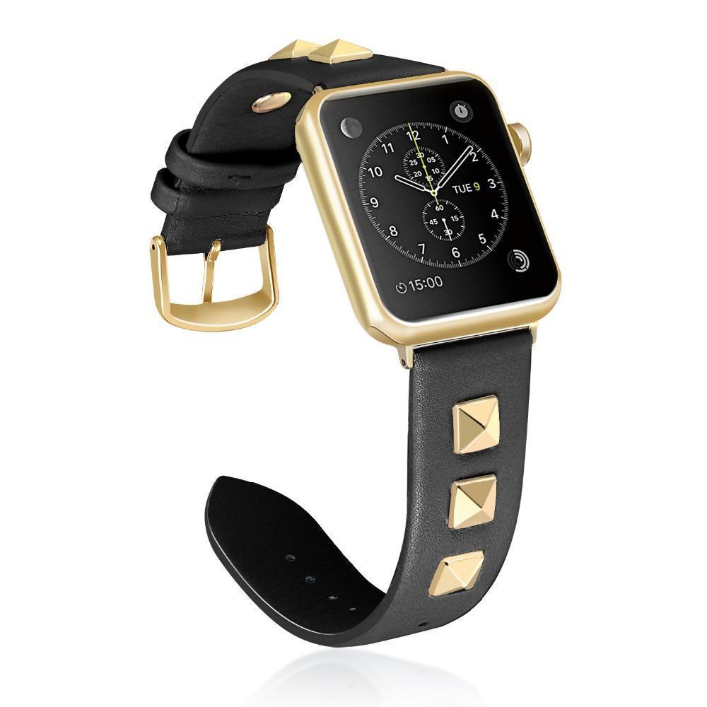 Apple Black / 38mm / 40mm Apple Watch Series 5 4 3 2 Band, Punk gold Studded Leather Rivets Design, fits iWatch, 38mm, 40mm, 42mm, 44mm