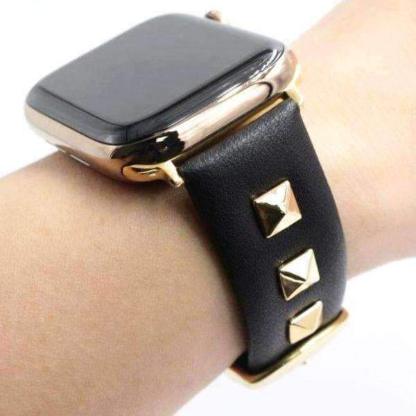 Apple Black / 42mm / 44mm Apple Watch Series 5 4 3 2 Band, Punk gold Studded Leather Rivets Design, fits iWatch, 38mm, 40mm, 42mm, 44mm