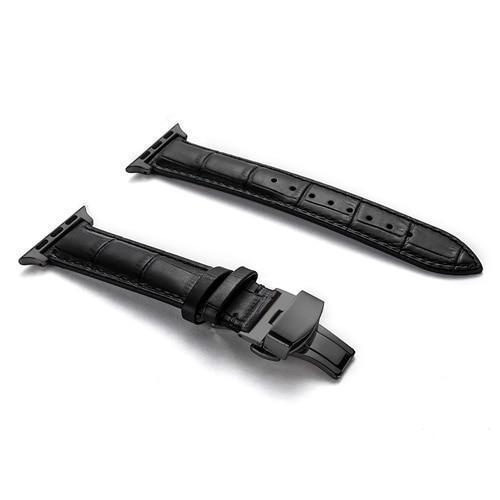 Apple Black buckle with black leather black string / 38MM Apple Watch Series 5 4 3 2 Band, Crocodile Grain cow Leather Butterfly Buckle Bands iWatch 38mm, 40mm, 42mm, 44mm -  US Fast Shipping