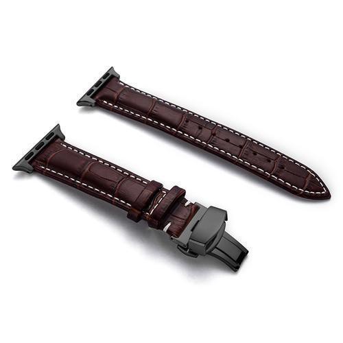 Apple Black buckle with brown leather white string / 38MM Apple Watch Series 5 4 3 2 Band, Crocodile Grain cow Leather Butterfly Buckle Bands iWatch 38mm, 40mm, 42mm, 44mm -  US Fast Shipping