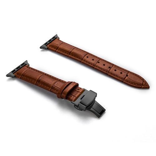 Apple Black buckle with light brown leather brown string / 38MM Apple Watch Series 5 4 3 2 Band, Crocodile Grain cow Leather Butterfly Buckle Bands iWatch 38mm, 40mm, 42mm, 44mm -  US Fast Shipping