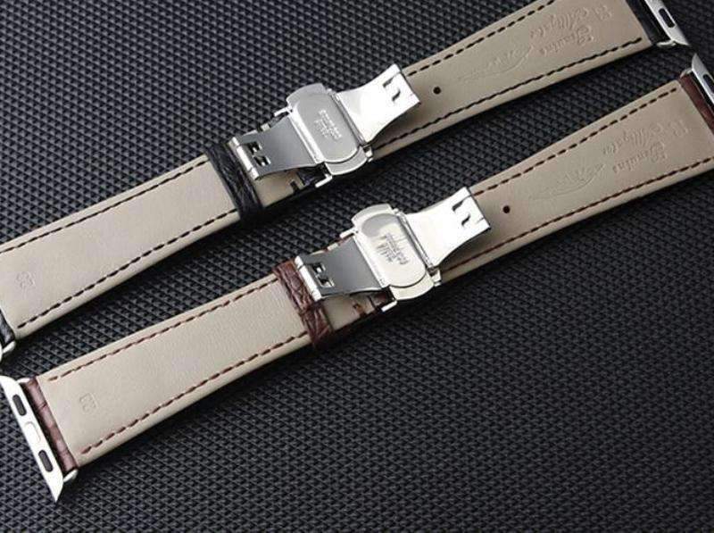 Apple Brown / 42mm / 44mm Apple Watch Series 5 4 3 2 Band, Genuine Crocodile Leather, Silver Butterfly Buckle Strap Black and Brown 38mm, 40mm, 42mm, 44mm