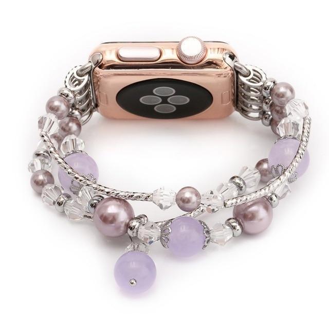 Apple Dark Purple / 42mm / 44mm Apple Watch Series 5 4 3  Band, Agate Beads Pearl Bracelet stretch Strap, iWatch Women Watchband Adapters 38mm, 40mm, 42mm, 44mm