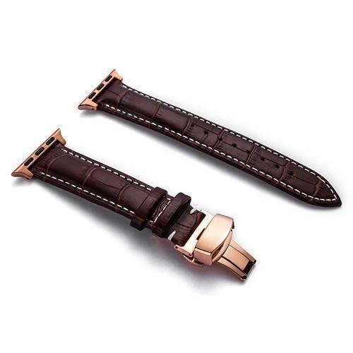 Apple Rose gold buckle with brown leather white string / 42MM Apple Watch Series 5 4 3 2 Band, Crocodile Grain cow Leather Butterfly Buckle Bands iWatch 38mm, 40mm, 42mm, 44mm -  US Fast Shipping