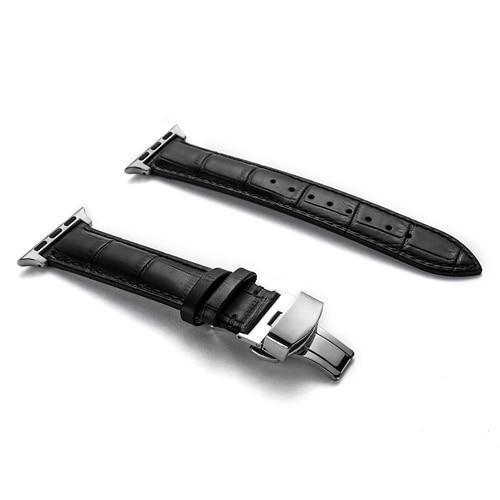 Apple Silver buckle with black leather black string / 38MM Apple Watch Series 5 4 3 2 Band, Crocodile Grain cow Leather Butterfly Buckle Bands iWatch 38mm, 40mm, 42mm, 44mm -  US Fast Shipping