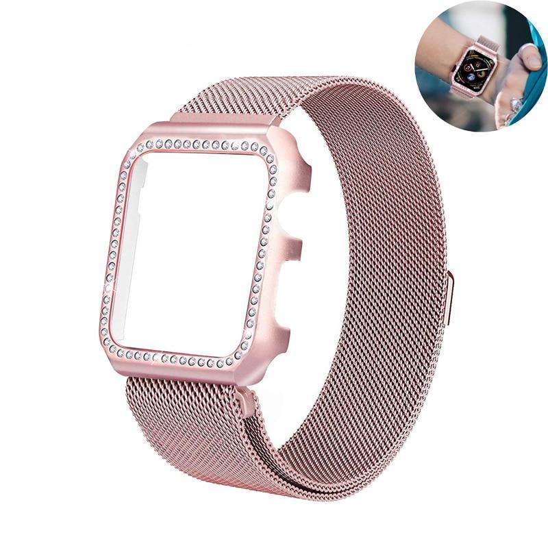 Apple Strap & Diamond Case Apple Watch bundle 38mm 40mm 44mm 42mm Stainless Steel band Milanese Loop Bracelet for iWatch 4 3 2 1