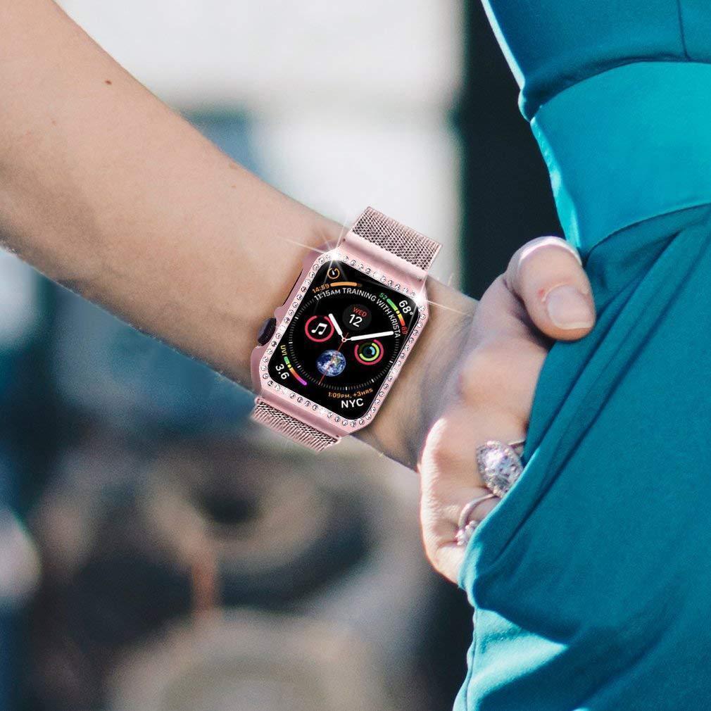 Apple Strap & Diamond Case Apple Watch bundle 38mm 40mm 44mm 42mm Stainless Steel band Milanese Loop Bracelet for iWatch 4 3 2 1
