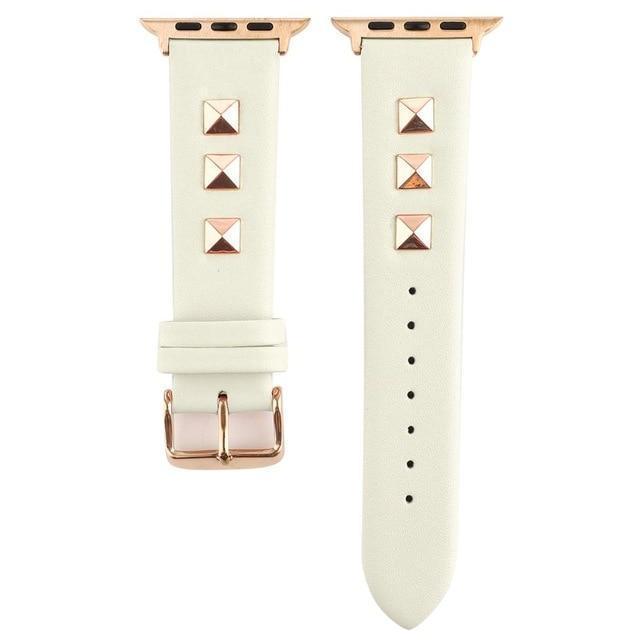 Watchbands ivory white / 42mm or 44mm Apple watch band Rose Gold Metal Rivet Leather Sport Strap For iWatch series 5 4 3 2 1 44mm 42mm 40mm 38mm