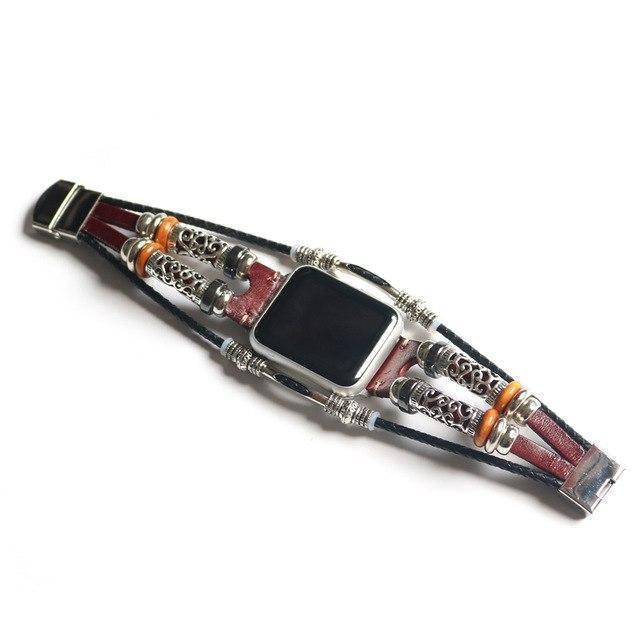 Watches Bead Red Brown / 38mm / 42mm Apple Watch Series 5 4 3 2 Band,  Homemade Ethnic Vintage Bead with leather, Retro Punk Style Bracelet 38mm, 40mm, 42mm, 44mm